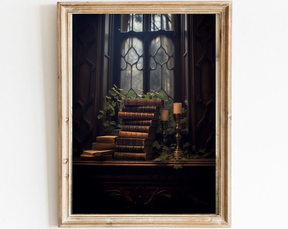 Rustic Book Wall Art Still Life Moody Goth Oil Painting Dark Academia Moody Art Dark Aesthetic Cottagecore Print 282