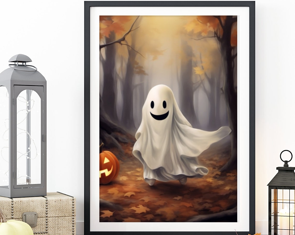 Smiling Ghost With A Jack O Lantern In A Misty Autumn Forest Poster - Image 6