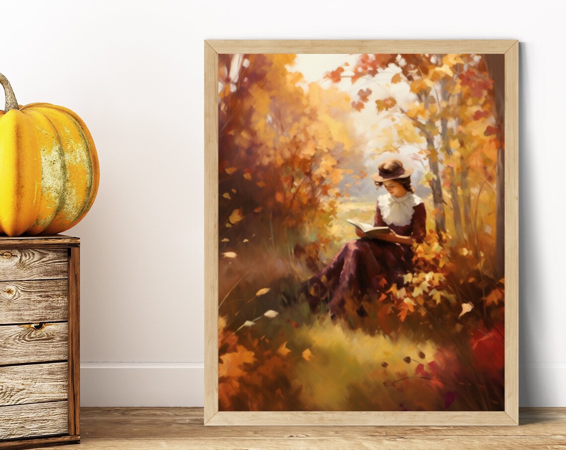 Book Lover Woman Reading in Golden Autumn Forest Painting Poster - Image 6