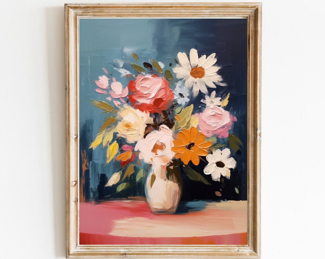 Impasto Flower Bouquet Vase Navy Background Textured Floral Poster
