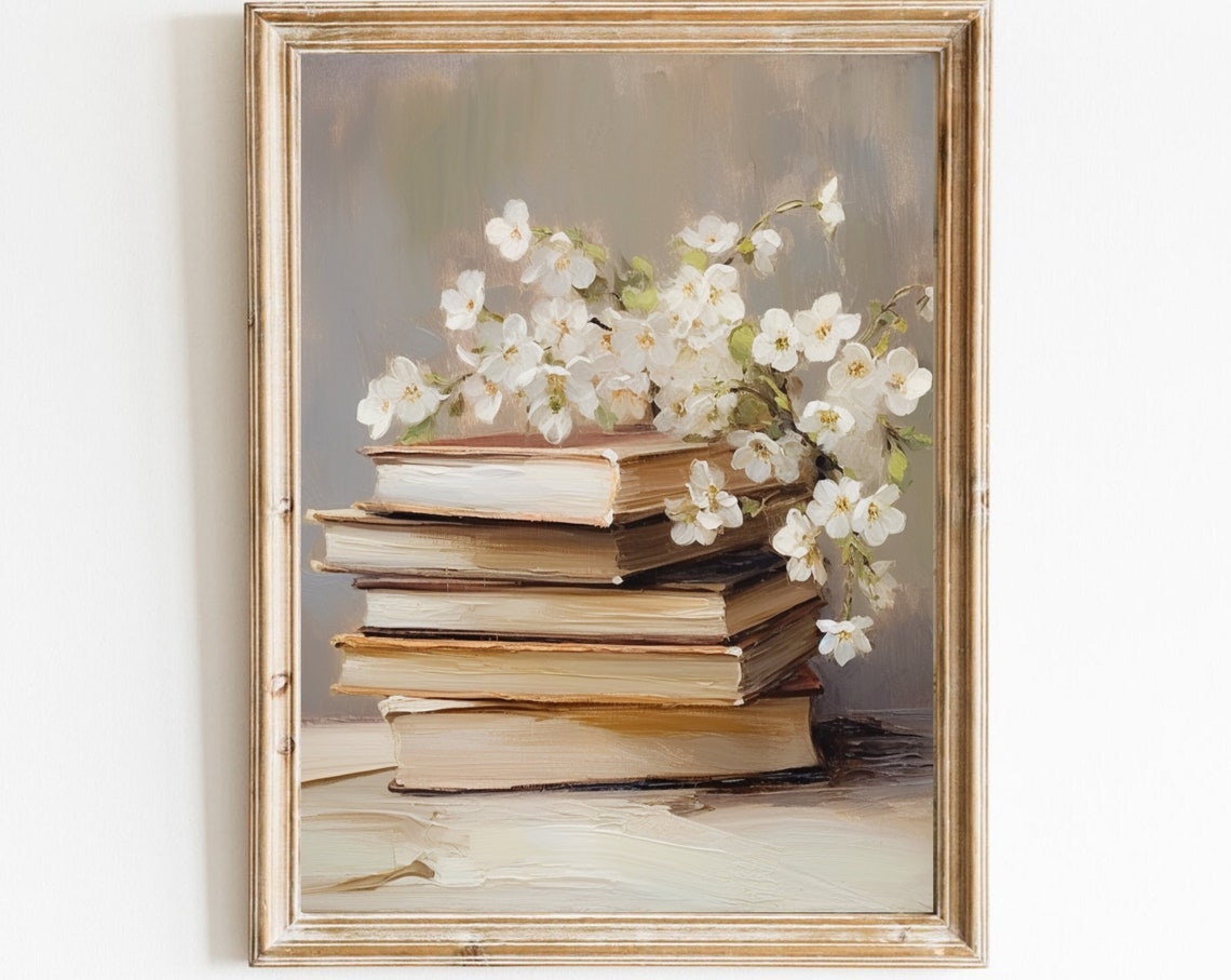 Stack Of Vintage Books Topped With White Spring Blossom Branches Print