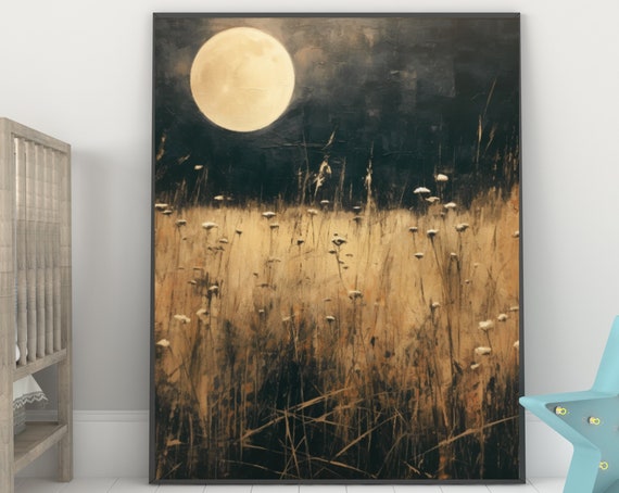 Midnight Meadow Cottagecore Prints Moody Vintage Art Enchanting Moon Art Night Sky Painting Nature Aesthetic Dark Academia