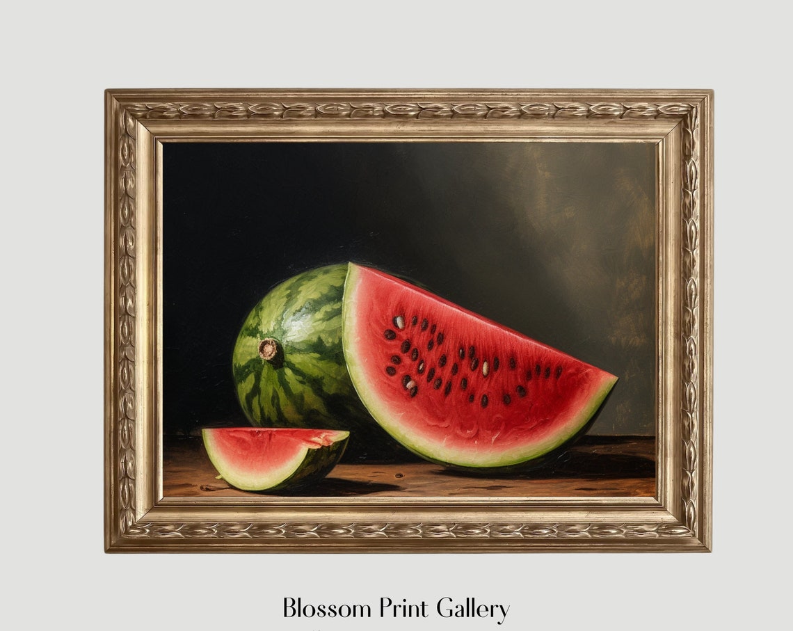 Moody Watermelon Still Life With Sliced Fruit On Dark Background Print