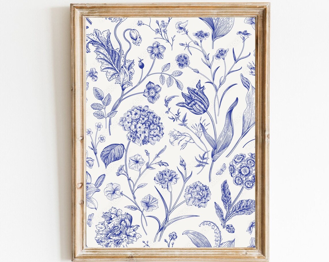 Blue White Botanical Toile Floral Line Illustration Garden Poster