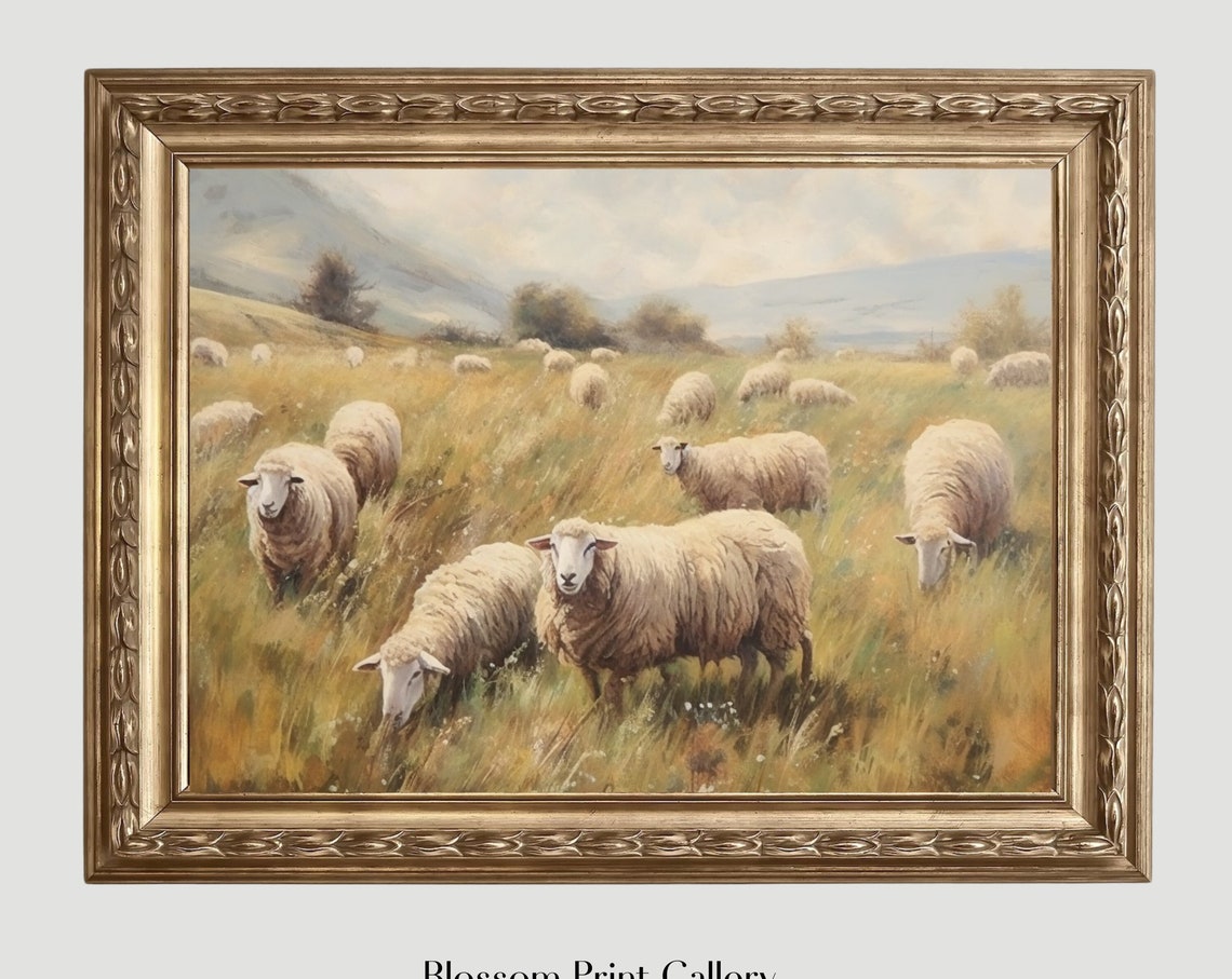 Sheep Painting Vintage Neutral Landscape Oil Painting Farmhouse Wall Art Neutral Painting Nursery Decor Countryside 264