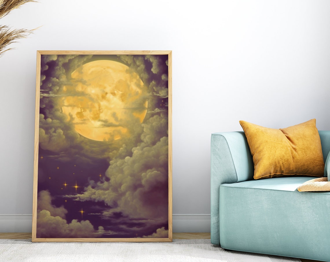 Golden Full Moon Shining Through Clouds Starry Night Painting Poster