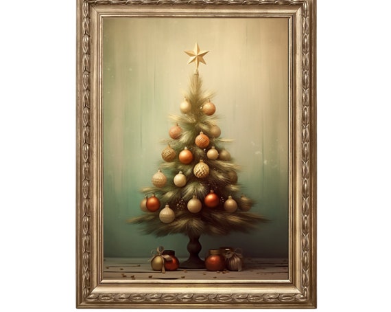 Christmas Decor Vintage Christmas Tree Art Muted Neutral Moody Rustic Winter Painting Nature Wall Art Seasonal