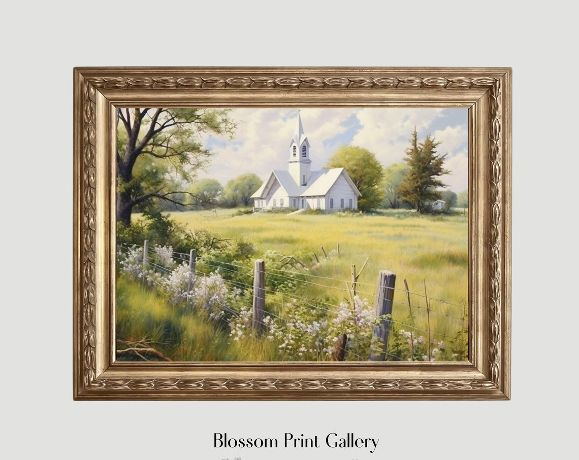 Vintage Church Print Spring Landscape Oil Painting Farmhouse Decor Living Room Wall Art Country Scenery 374 - Image 6