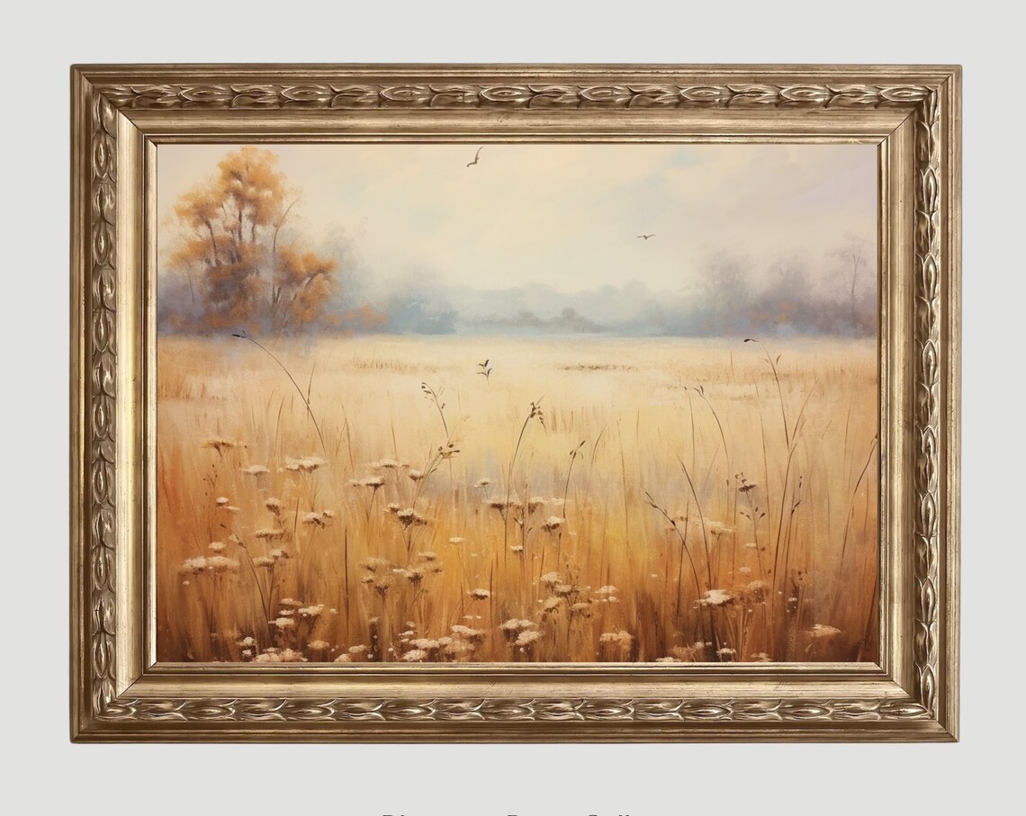 Golden Autumn Meadow Mist Soft Wildflowers Fall Prairie Landscape Poster