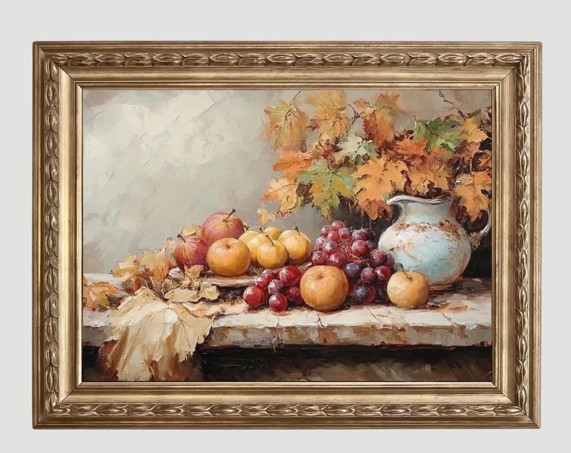 Autumn Fruit Grapes Apples Rustic Pitcher Still Life Painting Poster