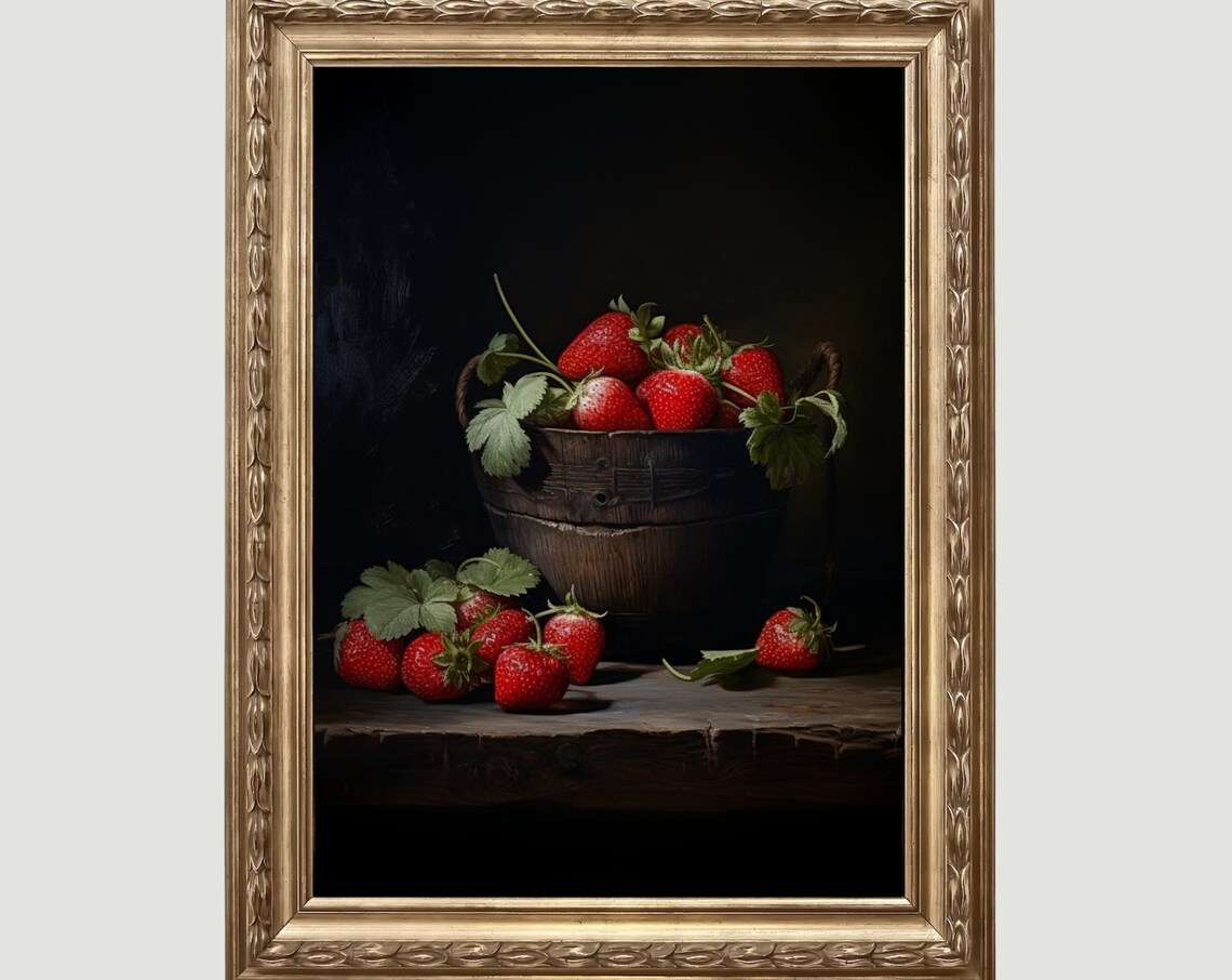 Ripe Red Strawberries In Wooden Bucket Moody Still Life Poster