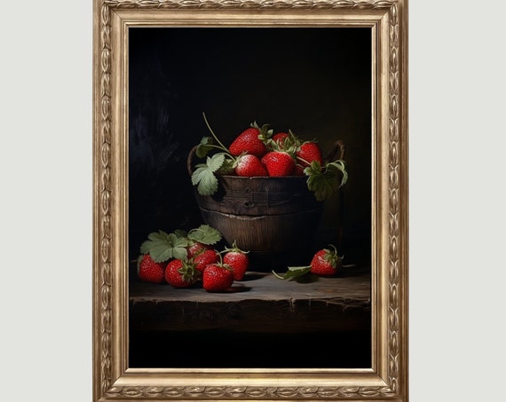 Moody Strawberries Painting Vintage Fruit Still Life Kitchen Home Decor Antique Oil Painting Country Kitchen Wall Art 495