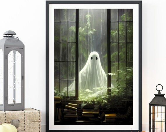 Ghost Outside Greenhouse Window Cute Spooky Halloween Poster