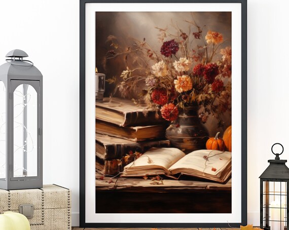 Cozy Autumn Still Life Antique Books Open Book Pumpkins Dark Art Poster