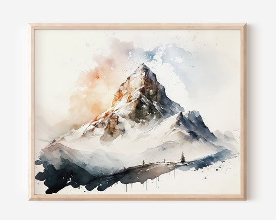 Mountain Watercolor Snowy Wall Art Landscape Nature Print Scenic