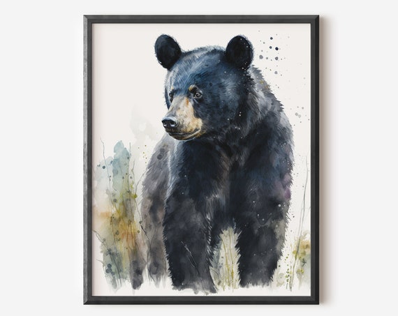 Black Bear Watercolor Painting Art Lakehouse Decor Cabin Wall Outdoorsman Gift Man Cave Hunting Gifts Rustic
