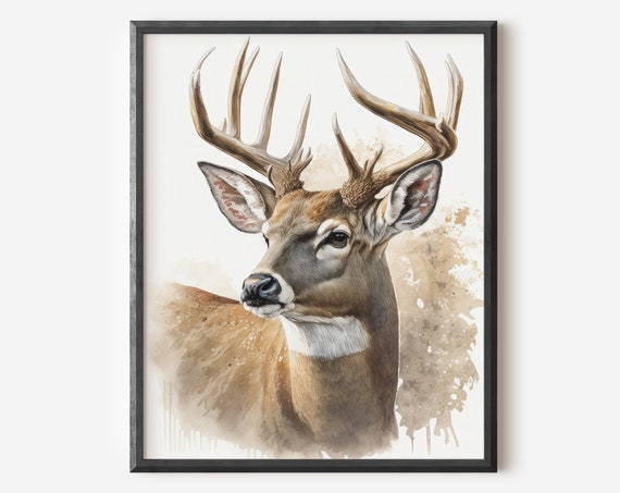 Deer Watercolor Print Whitetail Art Gift For Hunters Man Cave Decor Painting Log Cabin Farmhouse