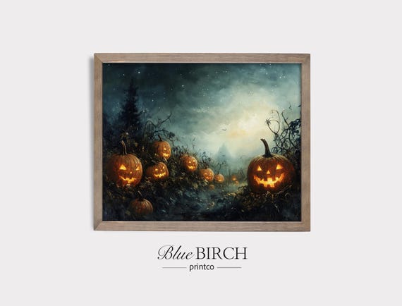 Halloween Pumpkin Patch Under Starlit Sky Spooky Autumn Landscape Art Rustic Decor Fall Night Scene Print 53