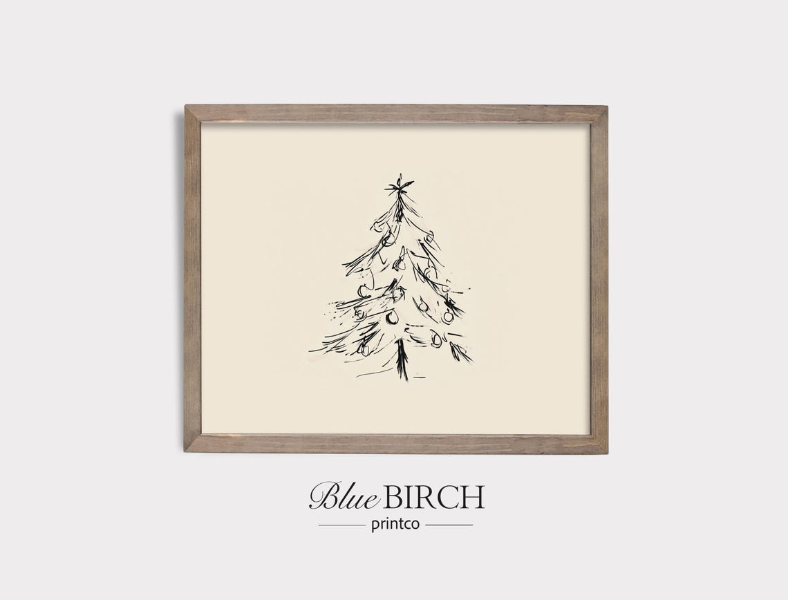 Minimalist Christmas Tree Ink Drawing with Ornaments Rustic Wall Art