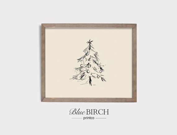 Minimalist Christmas Tree Ink Drawing with Ornaments Rustic Wall Art