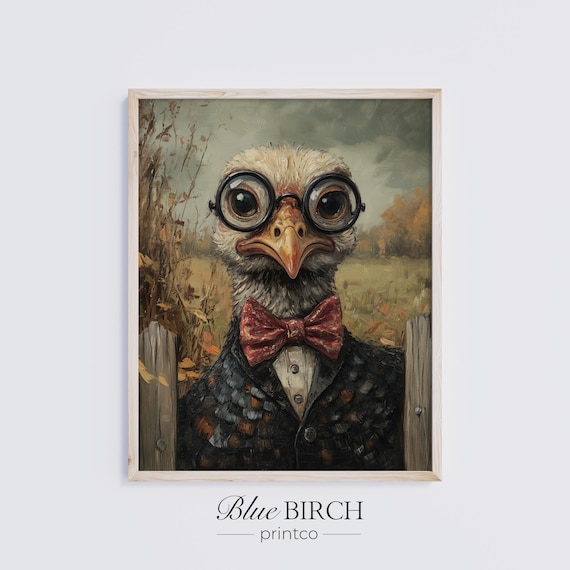 Rustic Turkey Portrait With Glasses, Vintage Art Print