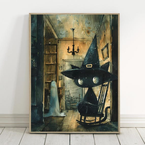 Black Cat In Witch Hat Wall Art Cozy Library Vintage Halloween Poster Whimsical Gothic Decor Dark Moody Spooky Season