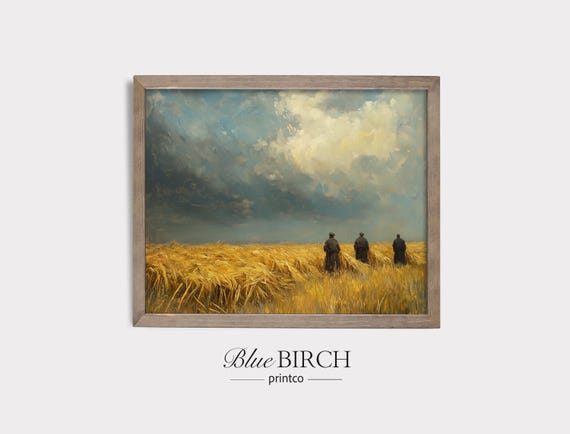 Vintage Wheat Field Art Print Moody Farm Landscape Painting Rustic Country Wall Decor Harvest Season Autumn Farmhouse 73