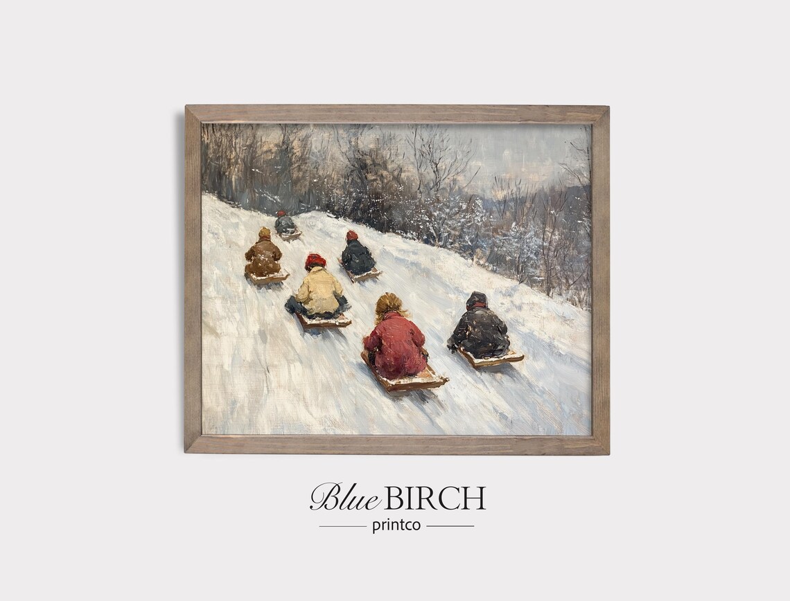 Vintage Winter Sledding Children Racing Down Snowy Hill Oil Painting Poster