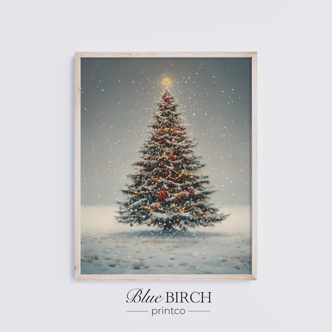 Snowy Christmas Tree Glowing Lights Gold Star Falling Snow Poster