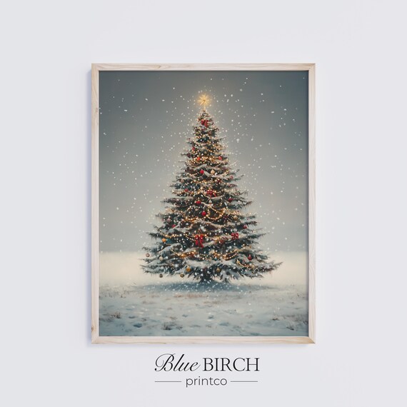 Snowy Christmas Tree Glowing Lights Gold Star Falling Snow Poster