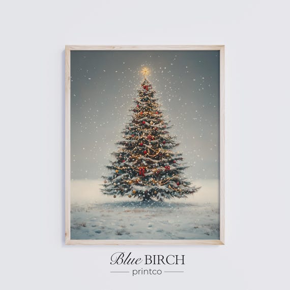 Vintage Christmas Tree Art Snowy Holiday Print Classic Winter Wall Decor Cozy Light Scene Moody Nostalgic 137