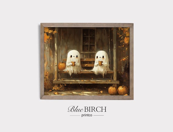Rustic Halloween Ghosts Oil Painting Cozy Fall Scene Autumn Wall Art Friendly Spirits With Pumpkins Vintage Decor 46
