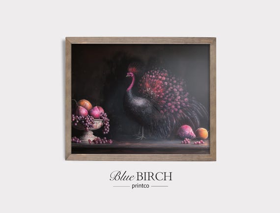 Dark Moody Peacock Still Life Vintage Fall Art Print Elegant Thanksgiving Wall Decor Rustic Farmhouse Autumn Kitchen 80