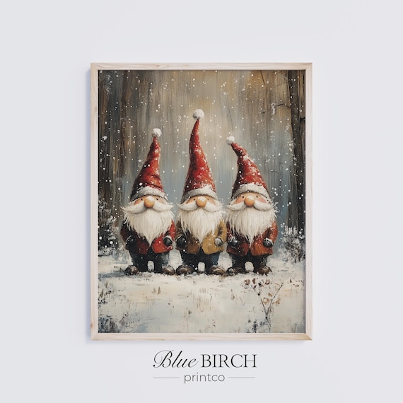 Three Christmas Gnomes Red Hats Snowy Vintage Nordic Winter Scene Poster