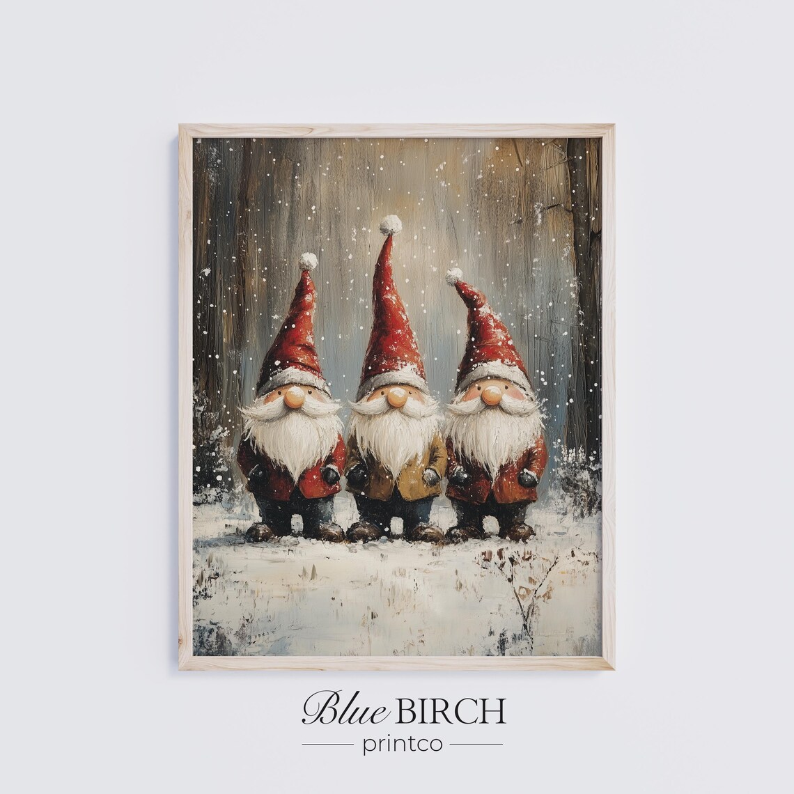 Three Christmas Gnomes Red Hats Snowy Vintage Nordic Winter Scene Poster