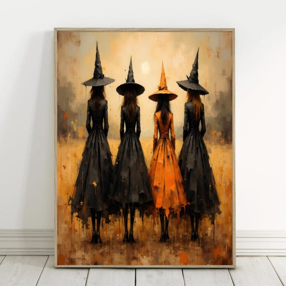 Four Witches Standing Wall Art Orange Dress Hat Witch Coven Back View Poster Vintage Halloween Decor Neutral Boho Fall Print