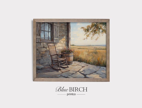 Rocking Chair Stone Porch Golden Wheat Field Rustic Wall Art