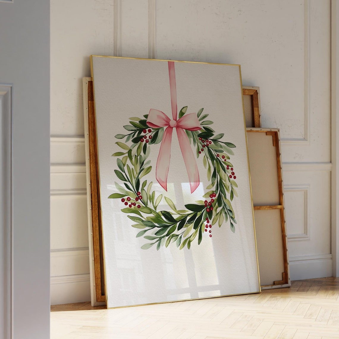 Mistletoe Wreath Christmas Print Pink Coquette Cute Holiday Decor Bow Art