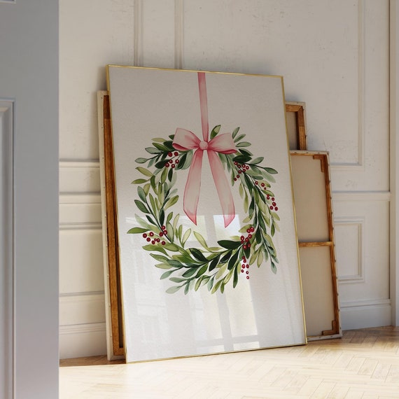 Mistletoe Wreath Christmas Print Pink Coquette Cute Holiday Decor Bow Art