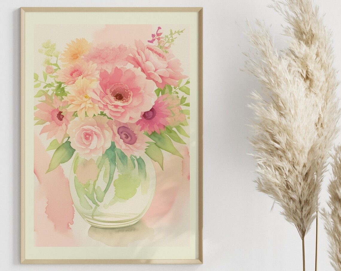 Pink Watercolor Flower Vase Floral Bouquet Soft Gallery Wall Art