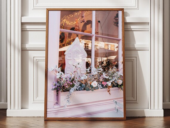 Pink Frosted Christmas Window Gingerbread House Floral Holiday Poster