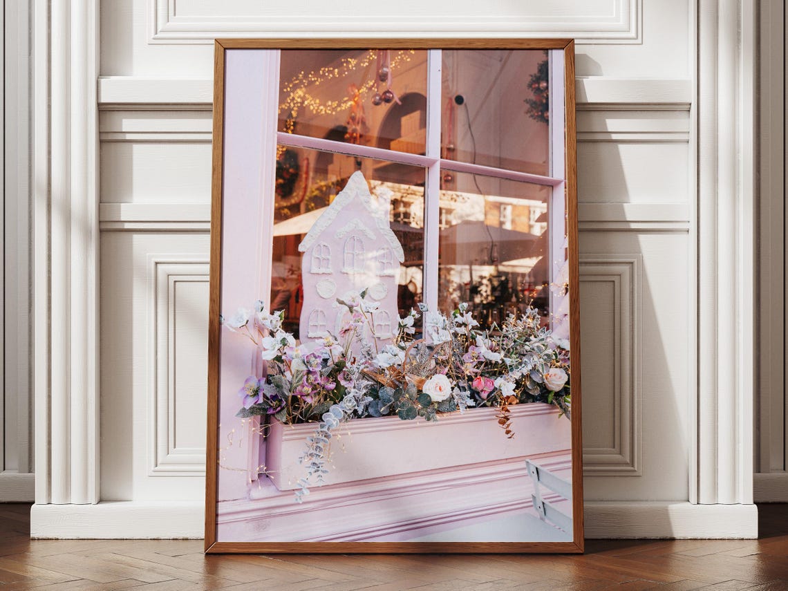 Pink Frosted Christmas Window Gingerbread House Floral Holiday Poster
