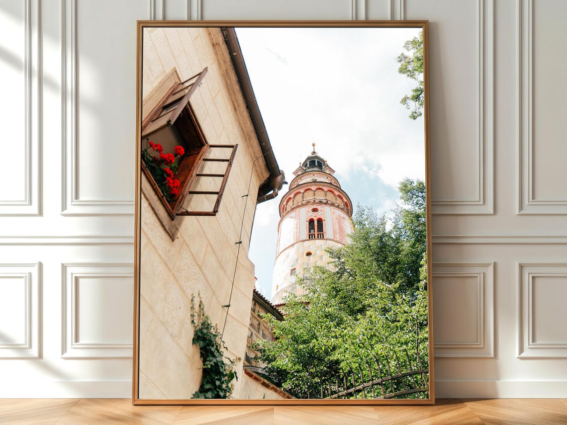 Historic Cesky Krumlov Castle Tower Red Flowers Window Travel Poster