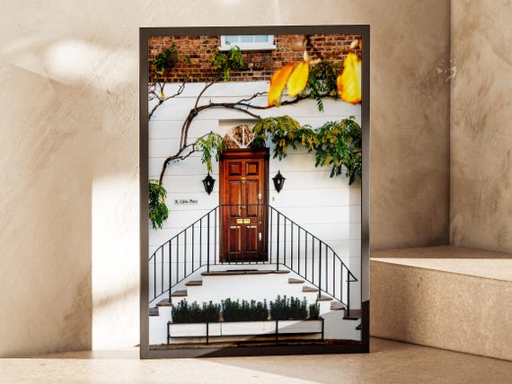 Classic Wooden Door Autumn Leaves London Urban Wall Art Print Fall Decor City Photography