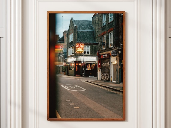 London Pub Neon Sign Night Street Photography Brick Building Poster