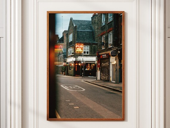 London Pub Photography Print Neon Sign Vintage Brick Building Urban Night