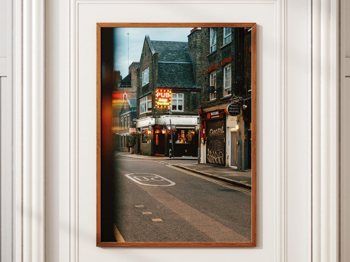 London Pub Neon Sign Night Street Photography Brick Building Poster