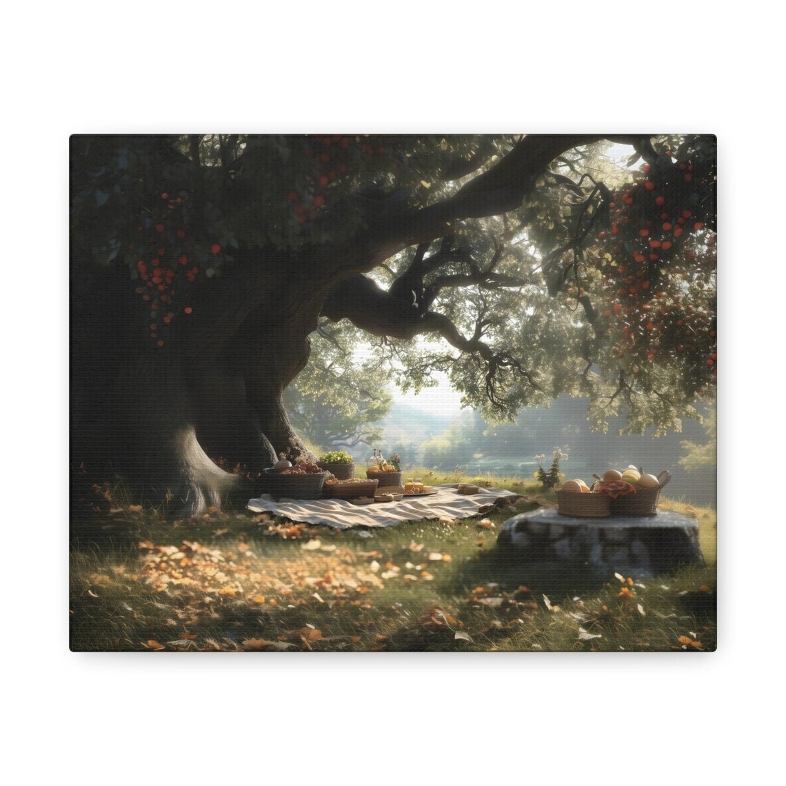 Rustic Picnic Spread Under Old Tree With Baskets In Dappled Sunlight Wall Art - Image 2