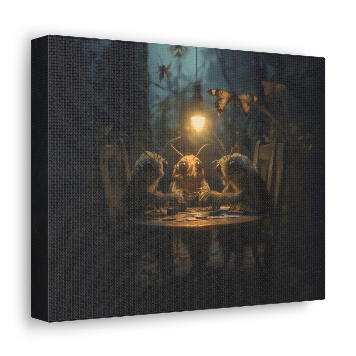 Three Moth Creatures Playing Cards Under a Hanging Lamp Dark Fantasy Poster - Image 3