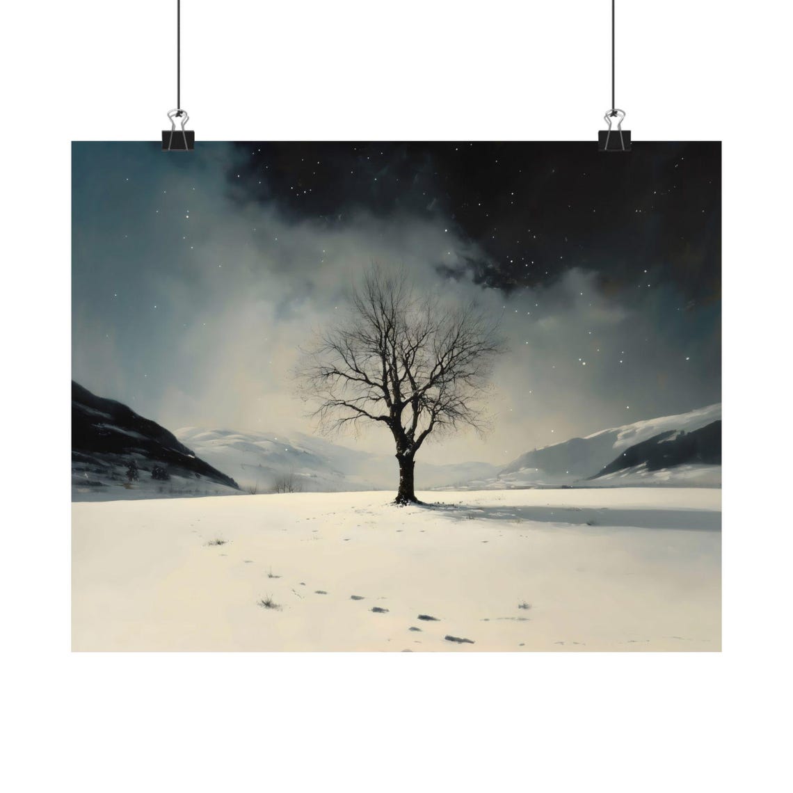 Starry Night Over Snowy Field With A Bare Tree Winter Art Print
